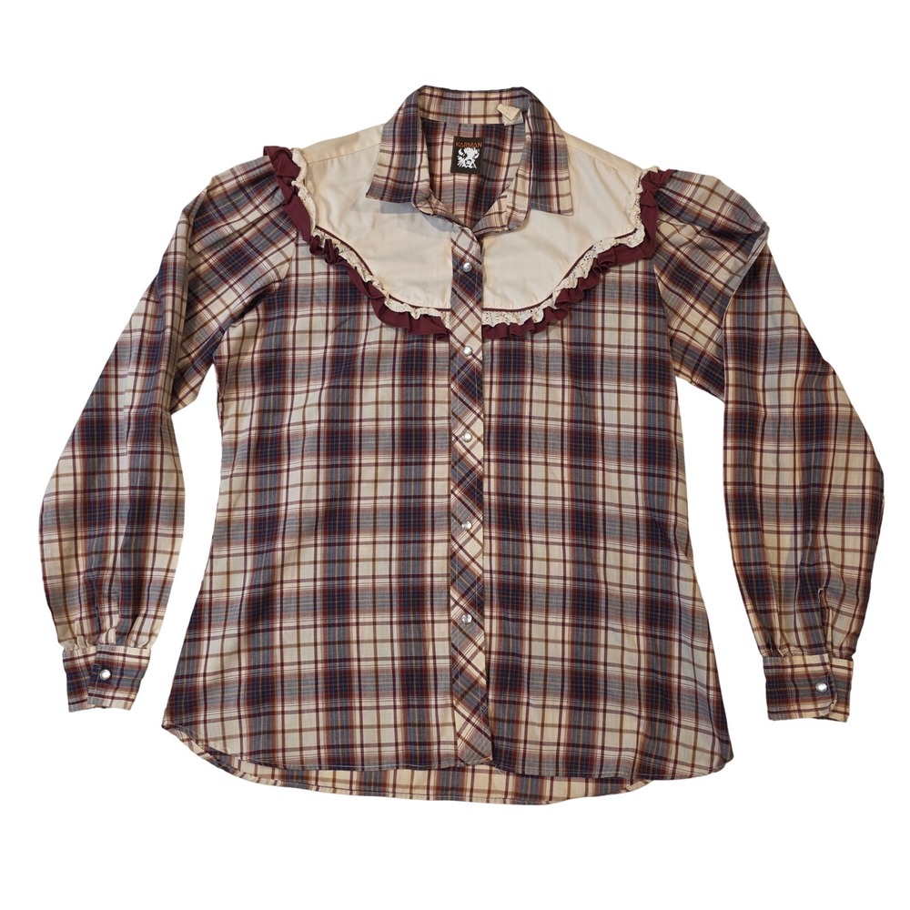 Vintage Karman Western Shirt Pearl Snap Ruffled Bib Yoke Plaid USA 13/14 Brown
